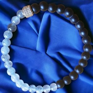 Aquamarine & Onyx Handcrafted Beaded Bracelet with CZ Encrusted Gold Accent Bead